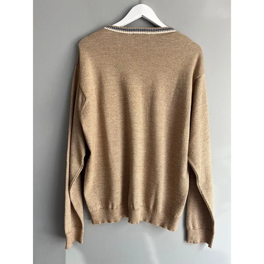 J.Crew Men's L Camel Merino Wool V-Neck Sweater Striped Trim Preppy Classic